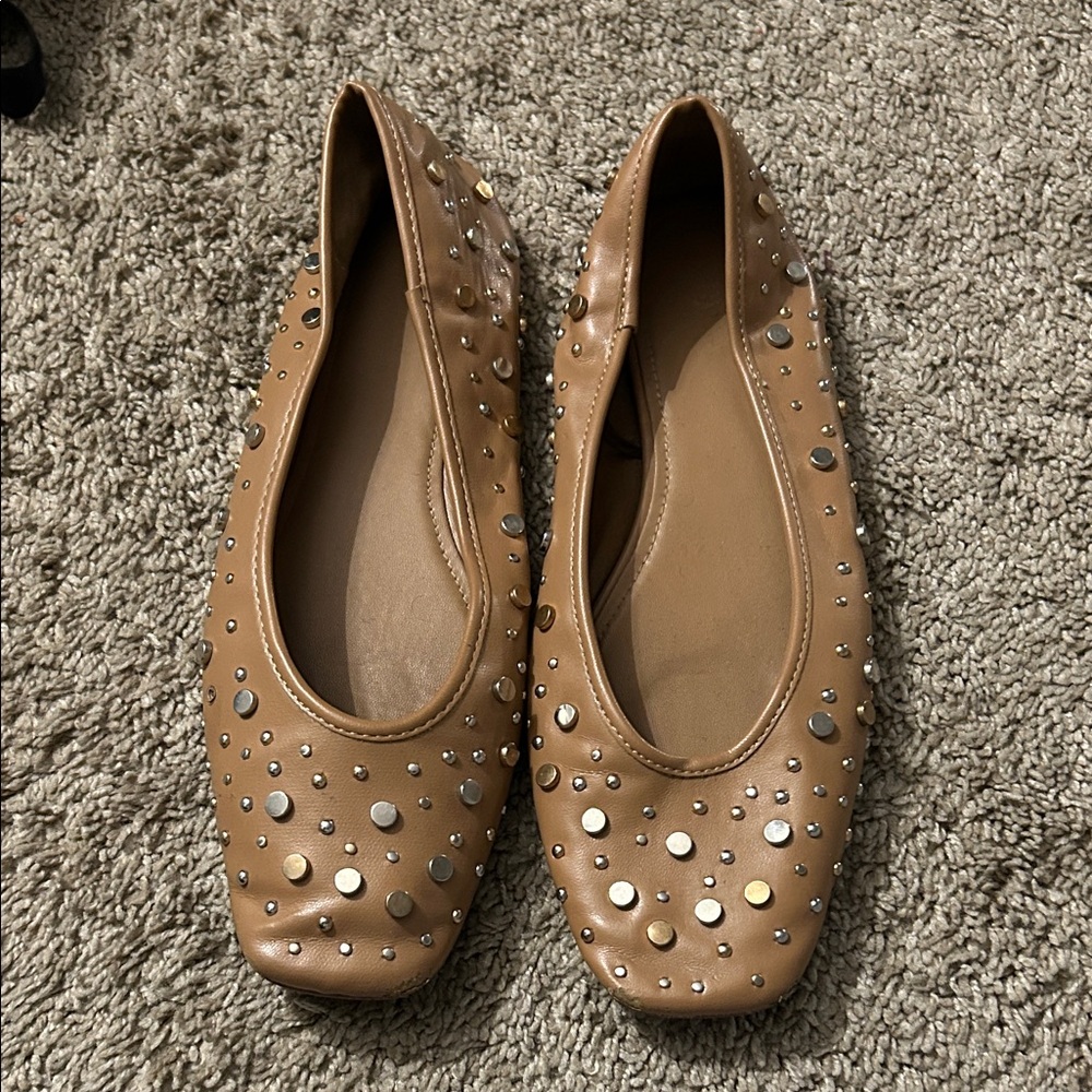 Zara Studded Tan Ballet Flats